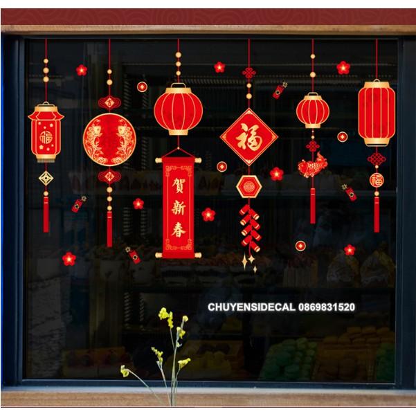 Decal trang trí tường Tết - Rèm lồng đèn sắc nét