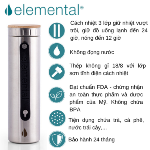 [Hàng chính hãng – Thương hiệu Mỹ] Bình giữ nhiệt Elemental Iconic màu bạc 590ml, giữ nhiệt vượt trội, inox 304, FDA Hoa Kì, An toàn sức khỏe, có lưới lọc