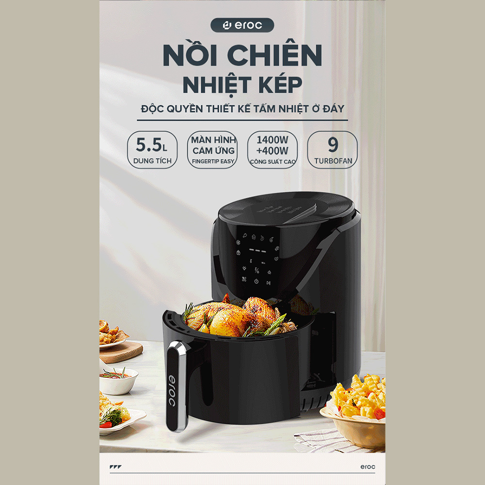 Nồi Chiên Không Dầu Eroc V-D2 Chống Dính 5.5L Chín Đều 2 Thanh Nhiệt Trên Dưới Không Cần Đảo Thức Ăn - Hàng Chính Hãng