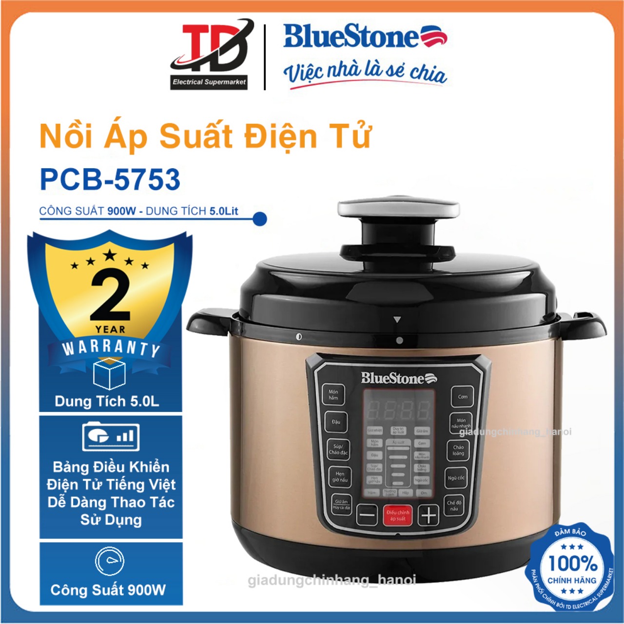 Nồi Áp Suất Điện Tử Bluestone PCB-5753, 900W-5.0Lit, Bảng Điều Khiển Điện Tử Tiếng Việt, Hàng Chính Hãng