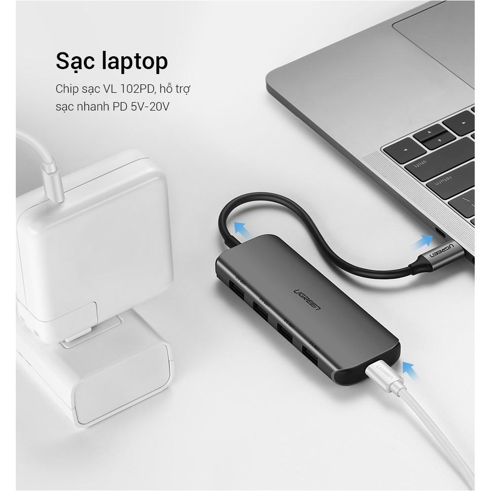 Hub type C 4 cổng USB 3.0 kết nối đa năng, sạc laptop, kết nối cùng lúc chuột, bàn phím, thiết bị ngoại vi vỏ nhôm UGREE- Hàng chính hãng