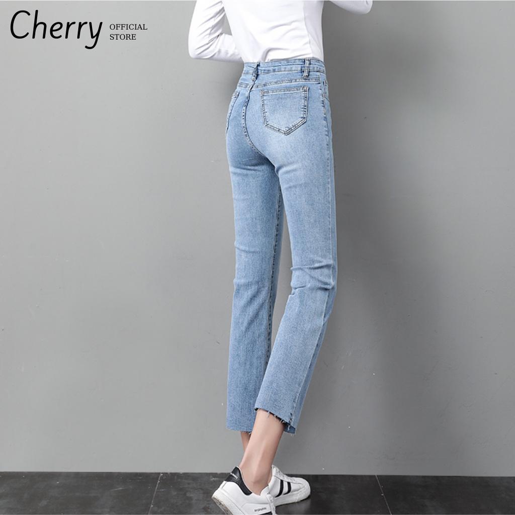 Quần jean nữ ống đứng dáng lửng co giãn cao cấp phong cách Hàn Quốc, quần bò nữ ống ngắn suông có co giãn CHERRY T030
