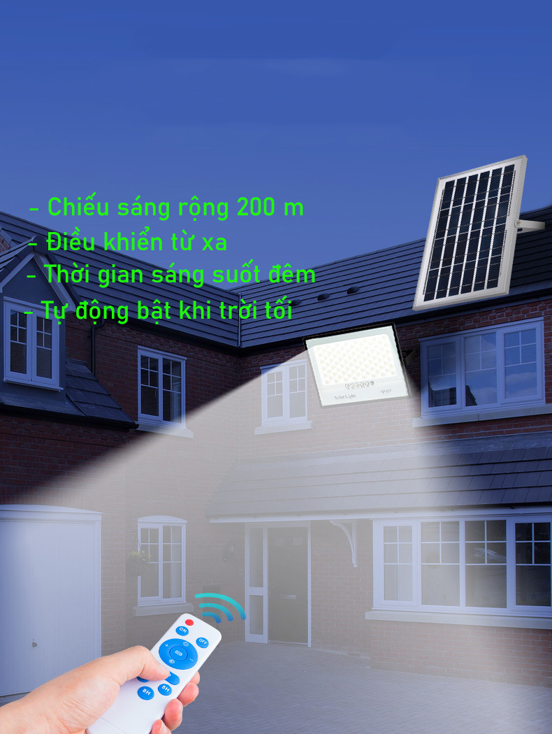 Đèn năng lượng mặt trời 200W, Chống chói mắt, Đèn Led NLMT, Vỏ nhôm, Tấm pin rời, Ánh sáng trắng, Báo pin ngoài, Kiểu Led mới