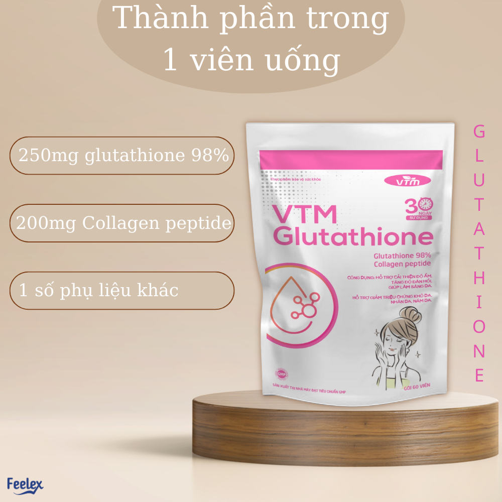 Viên uống Glutathione VTM hỗ trợ làm sáng da, hỗ trợ giảm triệu chứng khô da, nhăn da, nám da - gói 30 ngày