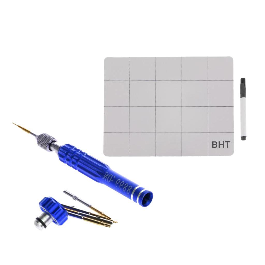 5 In 1 Aluminium Magnetic Phone Repair Opening Tool Screwdriver Set Blue + Rewritable Anti Slip Surface Magnetic Project Mat with Marker Pen 20cm x 25cm for Iphone 4 5 6 7 Plus, Smasung,HUAWEI