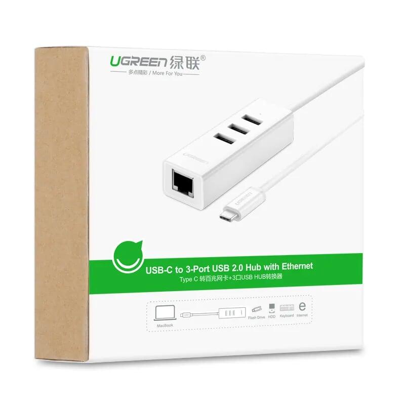 Ugreen UG2079220792TK Màu Trắng Cáp chuyển đổi TYPE C sang 3 USB 2.0 + LAN - HÀNG CHÍNH HÃNG