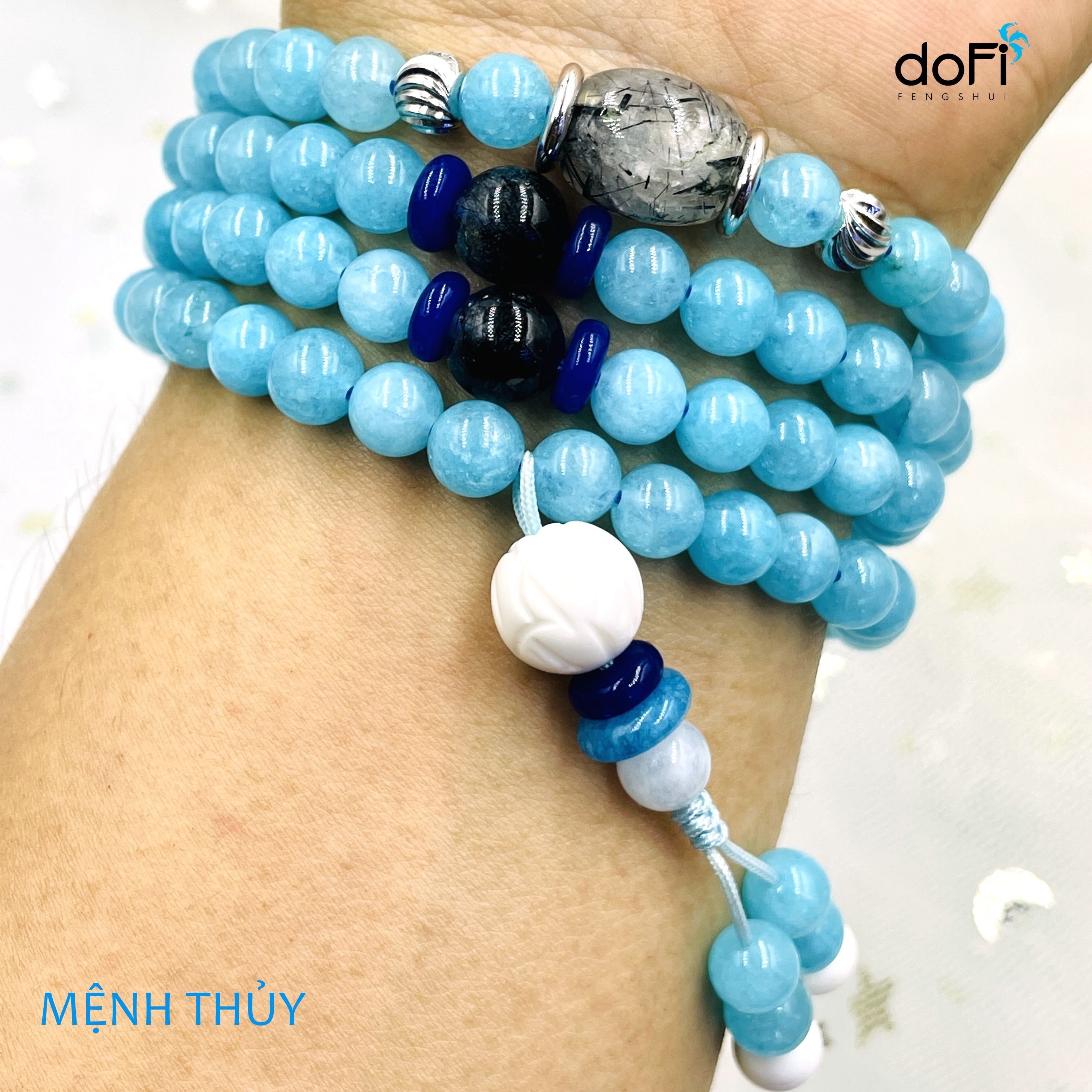 TRÀNG HẠT ĐÁ AQUAMARINE 6LI PHỐI LU THỐNG THẠCH ANH TÓC ĐEN