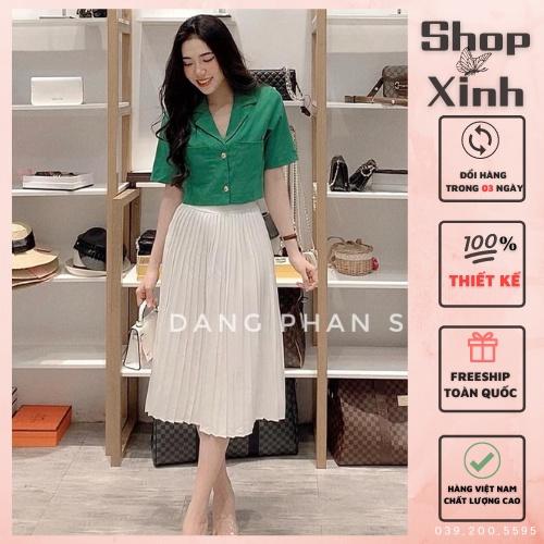 Set Áo Cổ Vest Croptop Túi Hộp Mix Chân Váy Xếp Li Trắng Dài