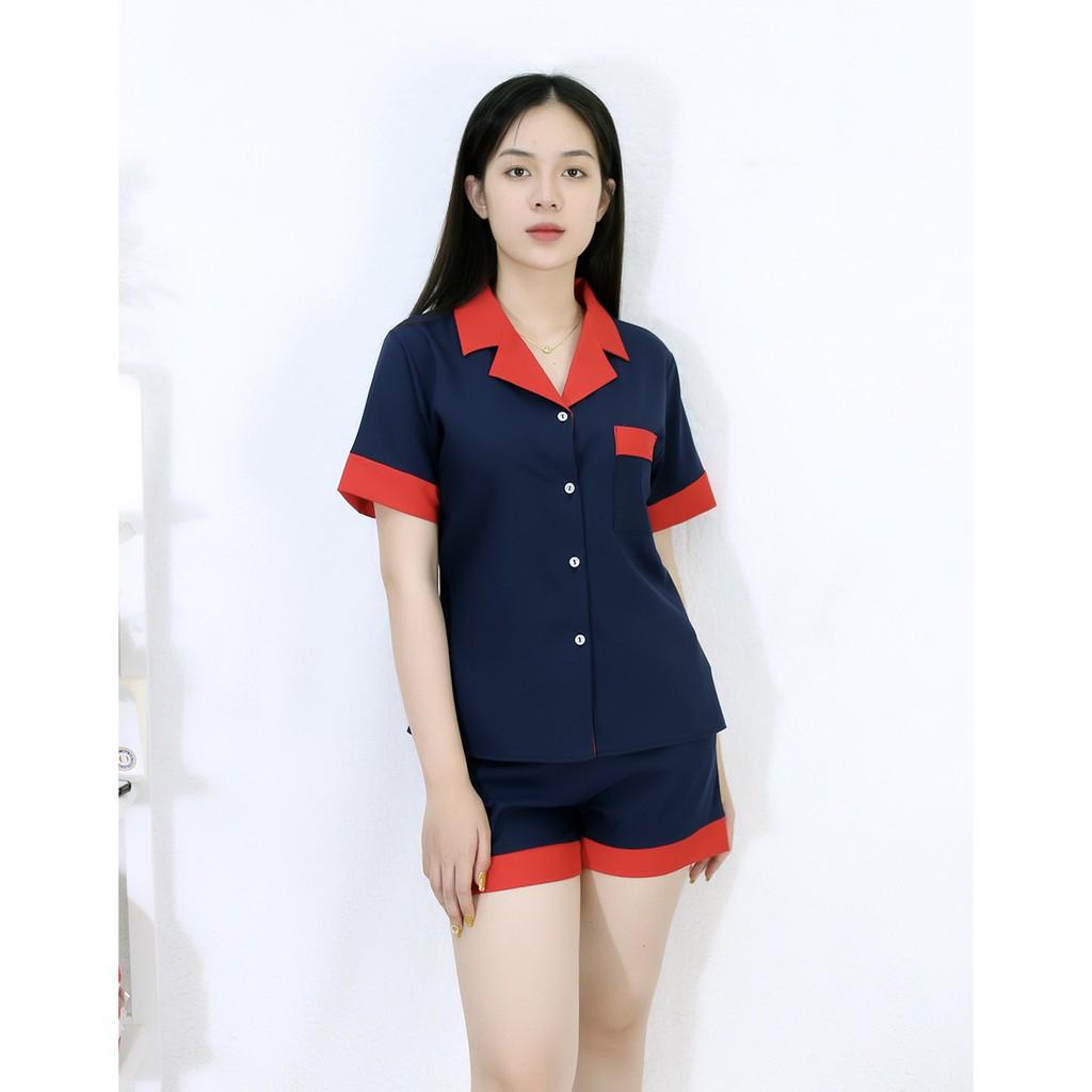 Bộ đồ Pijama ngắn mặc nhà MÀU XANH ĐEN PHA CỔ ĐỎ