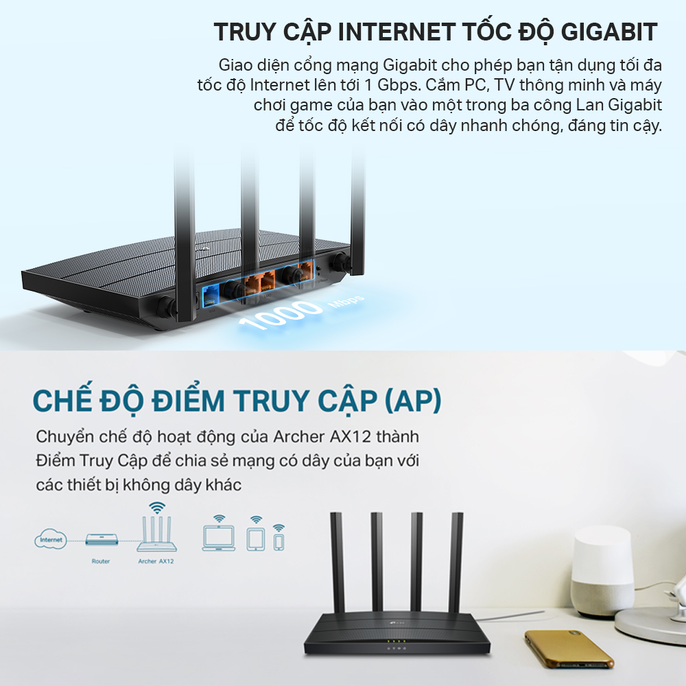 Bộ Phát Router WiFi 6 TP-Link Archer AX12 Băng Tần Kép AX1500 - Hàng Chính Hãng