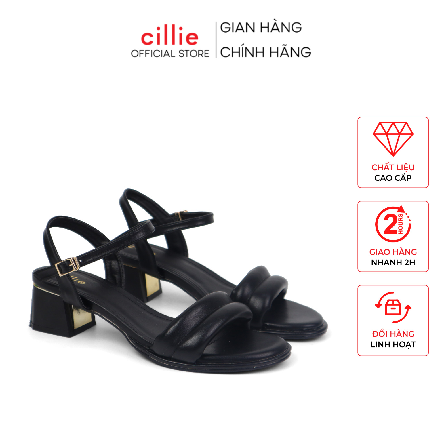 Giày sandal cao gót nữ quai phồng êm mềm gót tráng gương độc đáo cao 4cm Cillie 1106