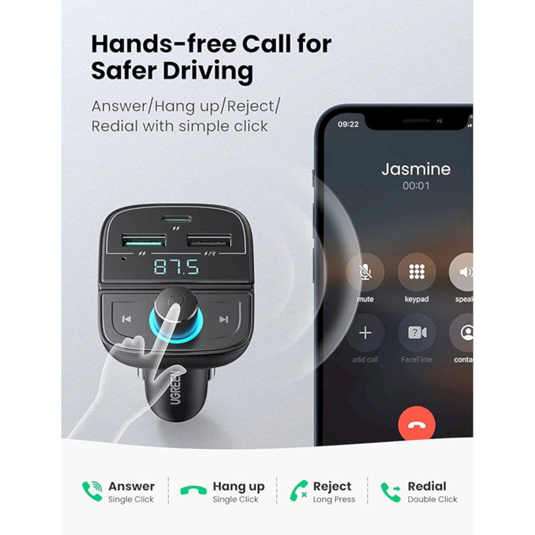 Ugreen UG80910CD229TK BT 5.0 + FM + QC 3.0 + USB + TF Màu Đen Tẩu sạc đa năng gồm phát Bluetooth 5.0 + FM + PD QC3.0 + USB + đọc thẻ TF trên xe hơi - HÀNG CHÍNH HÃNG