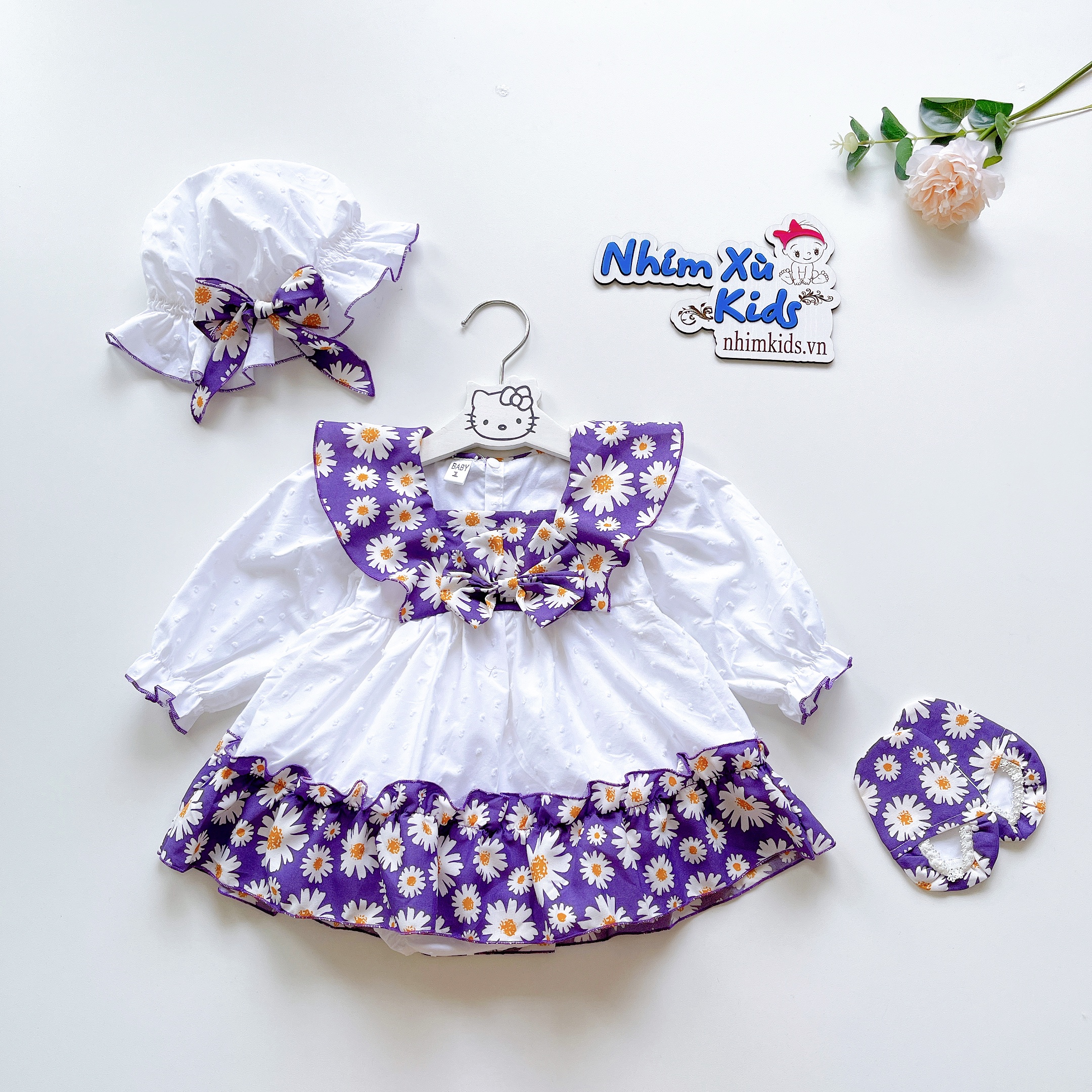Body Váy Chân Tím Tặng Kèm Nón Và Giày Vải Cho Bé Gái 4-12kg
