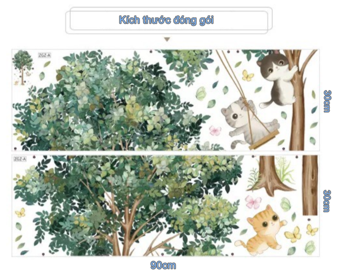 Decal trang trí tường - Cây xanh và 3 chú mèo vui đùa
