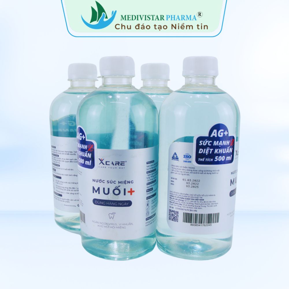 Nước Muối súc miệng XCARE MEDIVISTAR PHARMA vệ sinh răng miệng mạnh mẽ với Muối và Nano Bạc, lọ 500ml