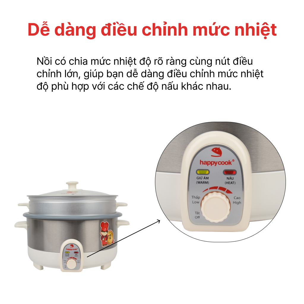 Nồi Lẩu Điện Có Xửng Happy Cook HCHP-350ST (3.5L) - Hàng Chính Hãng
