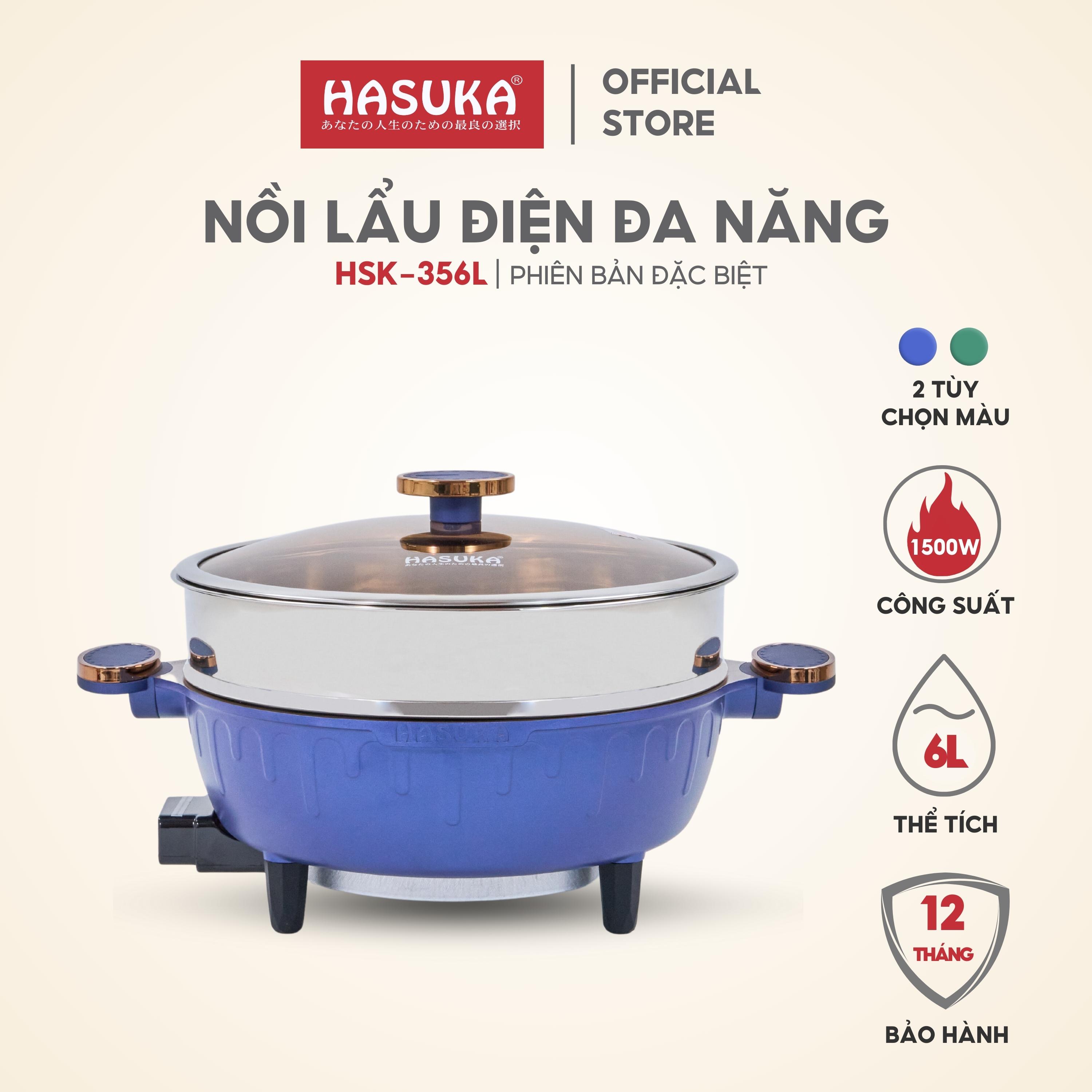 Lẩu điện đa năng HASUKA HSK-356L dung tích 6L, công suất 1500W- Vung kính chịu nhiệt, lòng nồi chống dính an toàn - HÀNG CHÍNH HÃNG