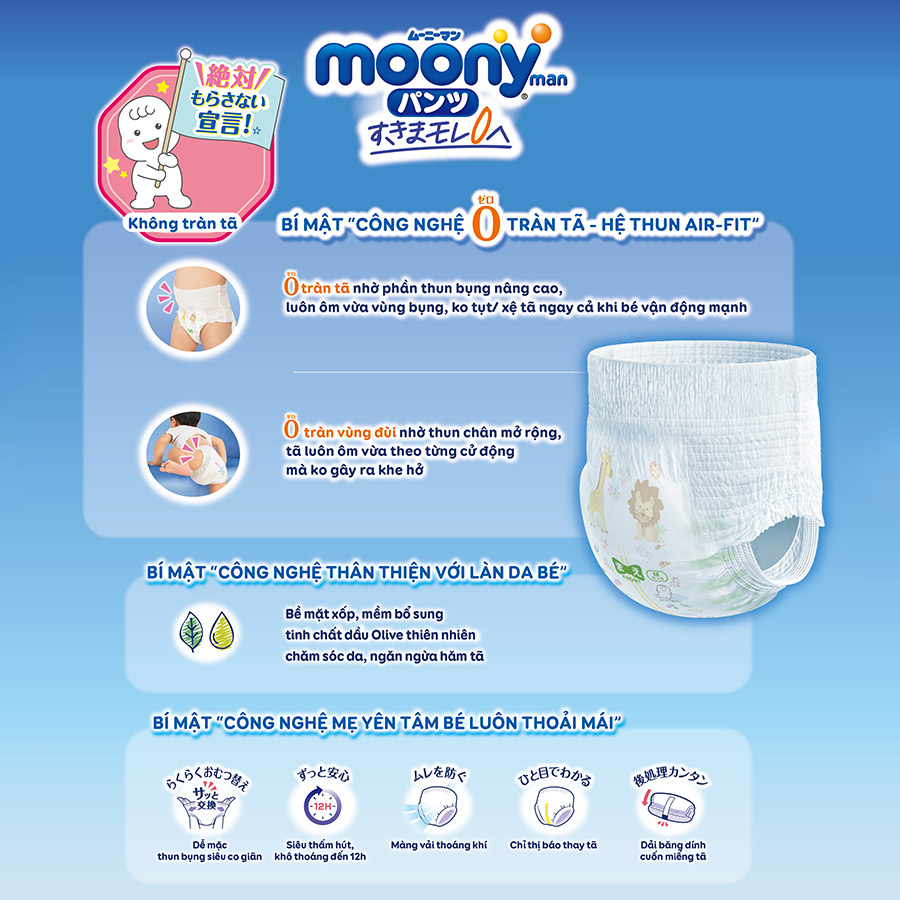 [CỘNG 12 MIẾNG] Thùng combo 2 gói tã quần Moony cao cấp L44+6 (Boy) - Nhập khẩu từ Nhật Bản