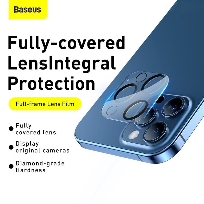 (Mua 1 tặng 1) Miếng dán kính cường lực Full bảo vệ Camera cho iPhone 12 Pro / 12 Pro Max hiệu Baseus Full-Frame Lens Film mang lại khả năng giữ nguyên chất lượng ảnh chụp (độ cứng 9H, mỏng 0.3mm, tặng kèm khung tự dán tại nhà) - Hàng nhập khẩu