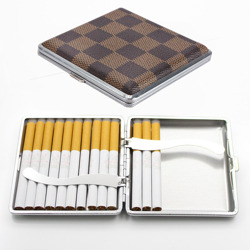Hộp Đựng Thuốc 20 Điếu Lớn Ngắn Kẹp Kim Loại Bọc Da Caro