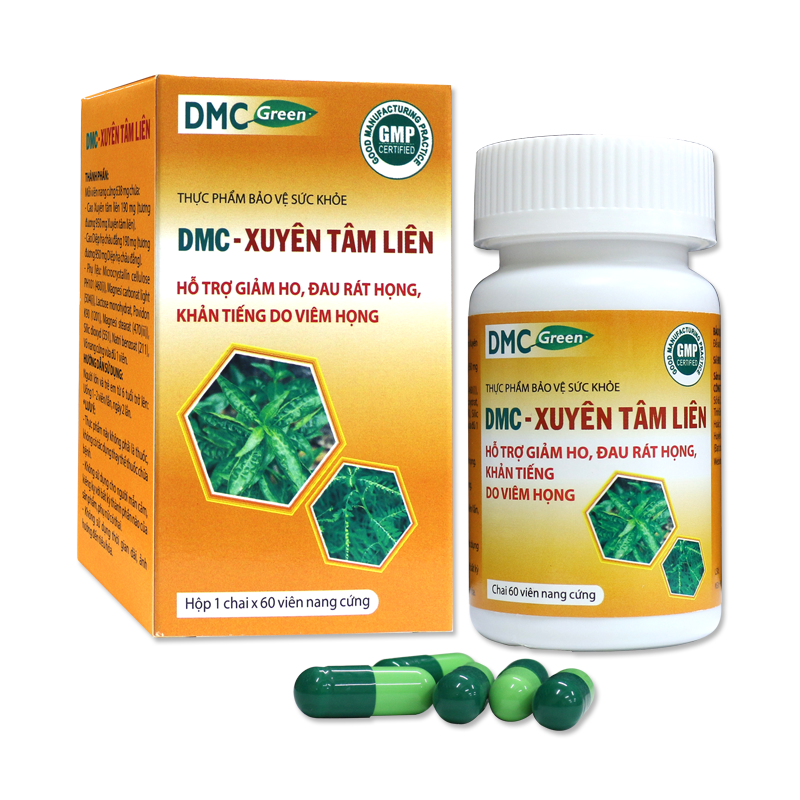 Viên Uống DMC-XUYÊN TÂM LIÊN Hộp 60 viên - Hỗ Trợ Giảm Ho, Đau Rát Họng, Làm Dịu Cổ Họng Chai 60 viên