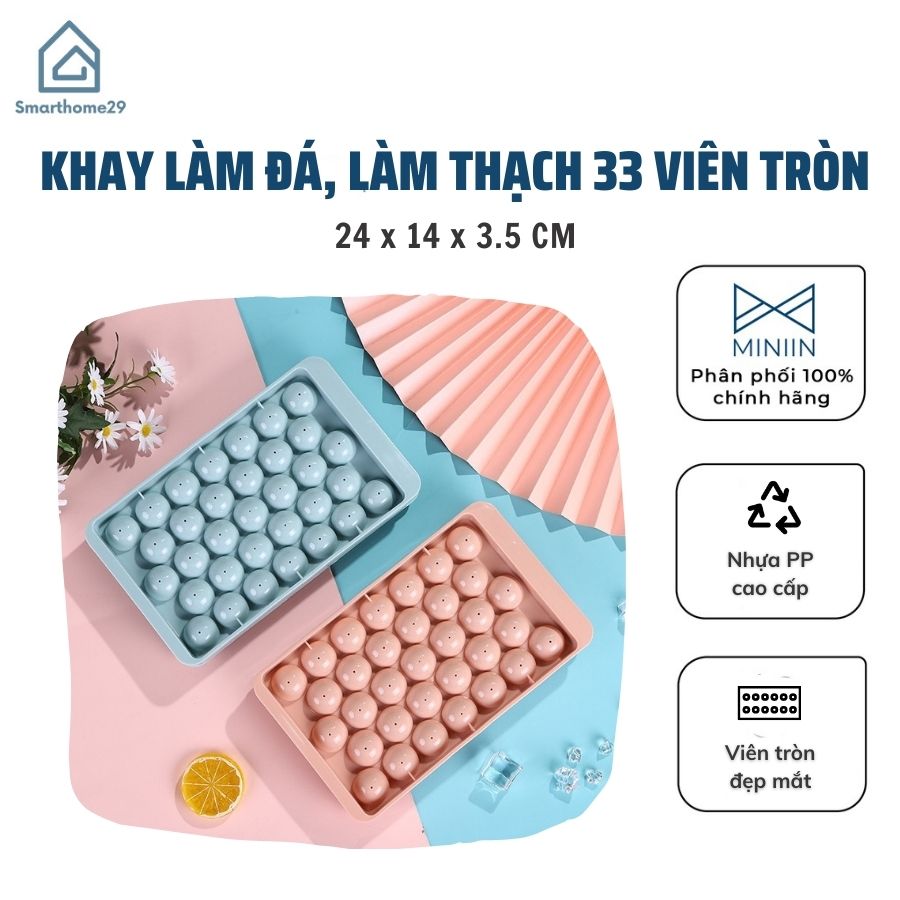 Khay Làm Đá Bằng Nhựa 33 Viên Tròn Cao Cấp, Khuôn Làm Thạch Thông Minh Có Nắp Đậy - Chính hãng MINIIN