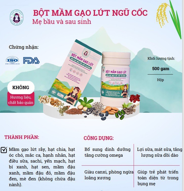 Bột mầm gạo lứt ngũ cốc (mẹ bầu và lợi sữa) Hộp 500g – Cô gái BH.NÔNG