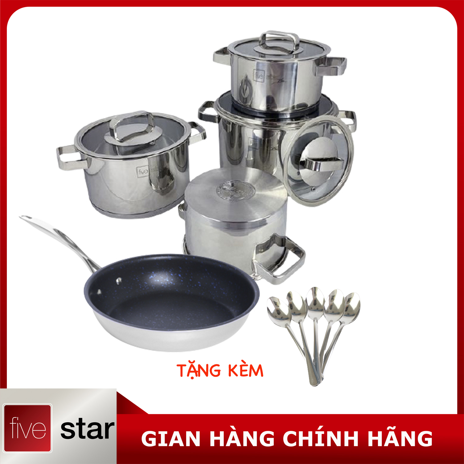 Bộ nồi và chảo chống dính vân đá inox 304 cao cấp Fivestar Plush 5 món nắp kính , tặng 10 muỗng ăn