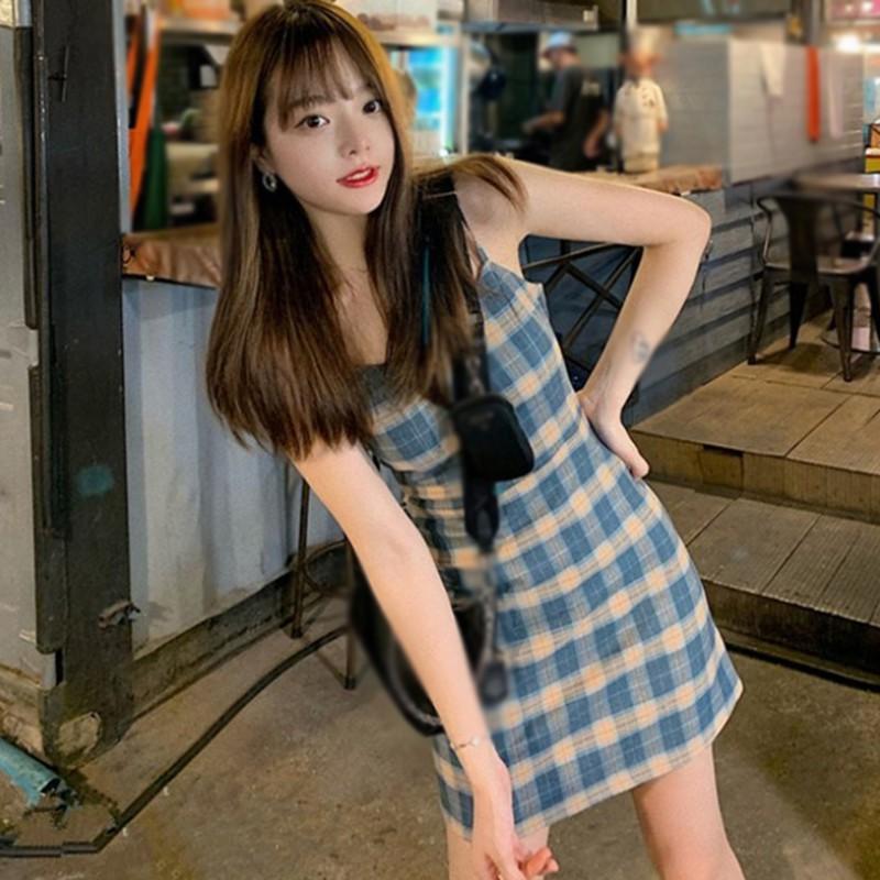 Đầm Hai Dây Kẻ Sọc Caro Phong Cách Retro Cho Nữ