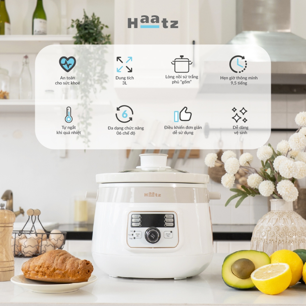 Nồi Nấu Chậm Lòng Gốm HAATZ CIM361 Đa Năng, Dung Tích 3L - 1000W - Hàng Chính Hãng Bảo Hành 2 Năm