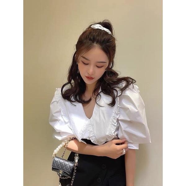 Set áo bèo trắng + chân váy đe vạt lệch siêu cá tính