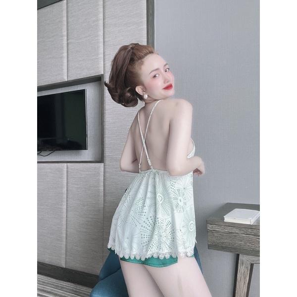 Đồ Ngủ bigsize Sexy Nữ, Bộ Ngủ Lụa 2 Dây Nữ, áo kiểu yếm mango viền ren + quần satin, freesize 40_70kg, tuỳ chiều cao