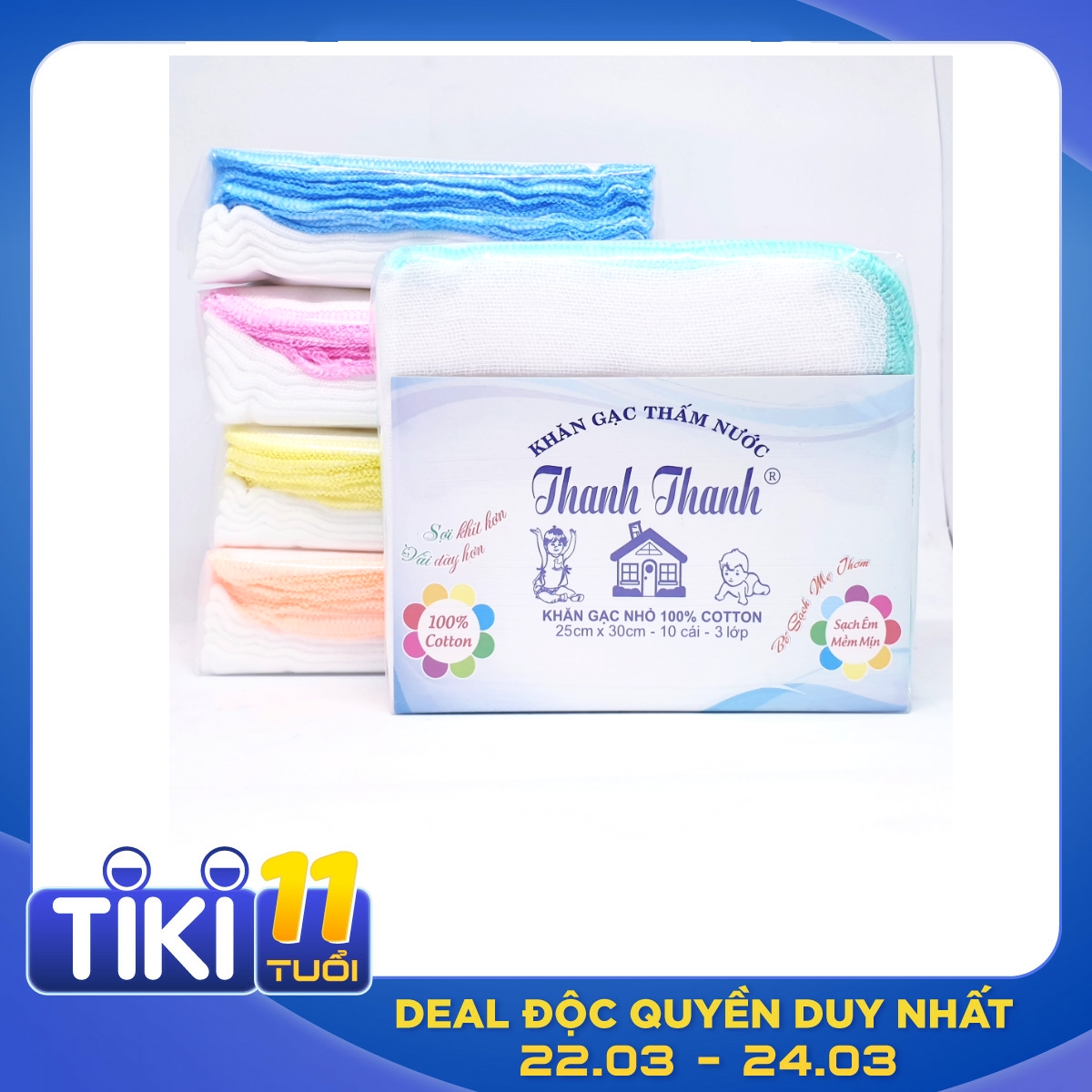 Gói 50 Khăn sữa vải gạc Thanh Thanh Nhỏ 3 lớp 25x30cm 100% cotton