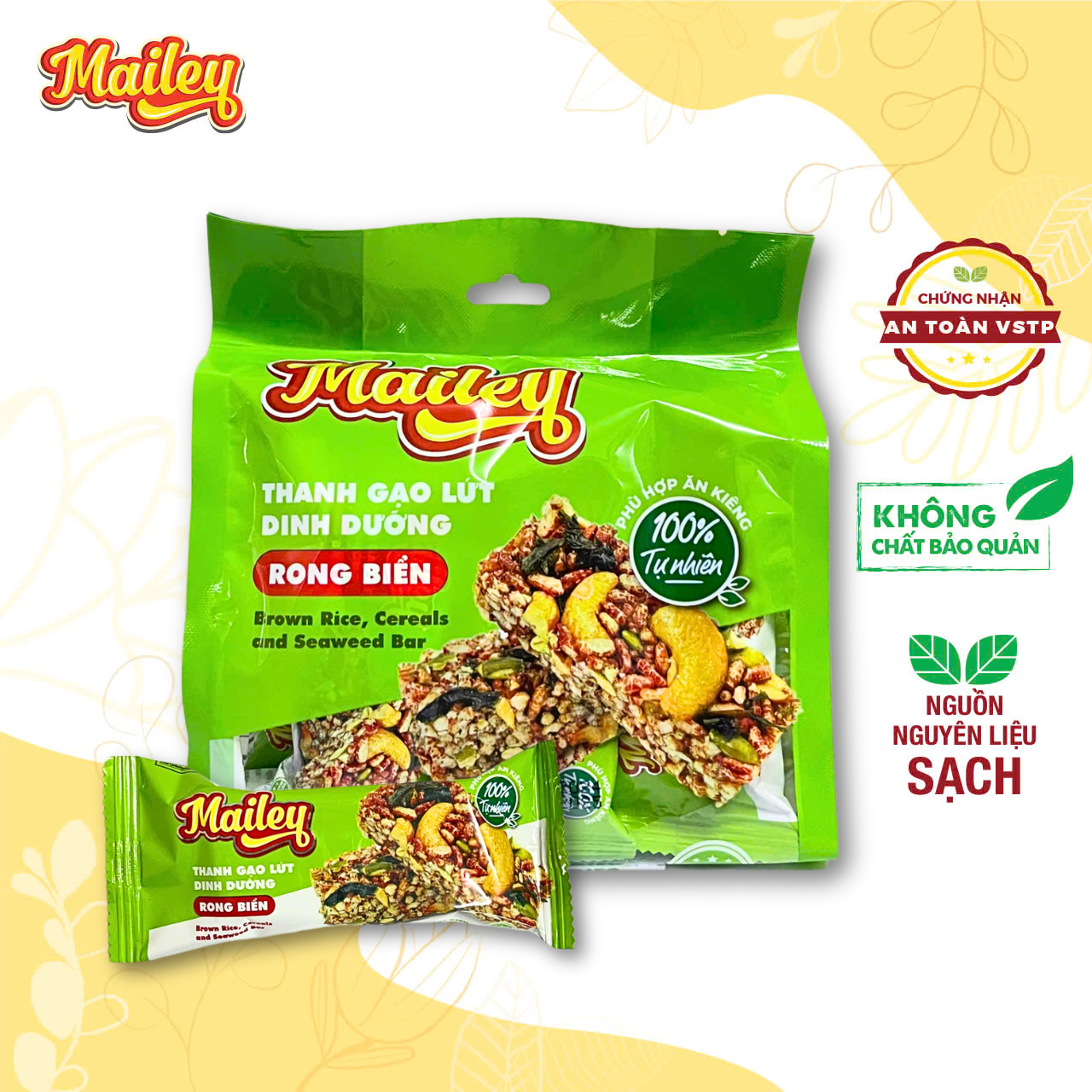 Thanh gạo lứt dinh dưỡng rong biển Mailey túi 180g giòn thơm