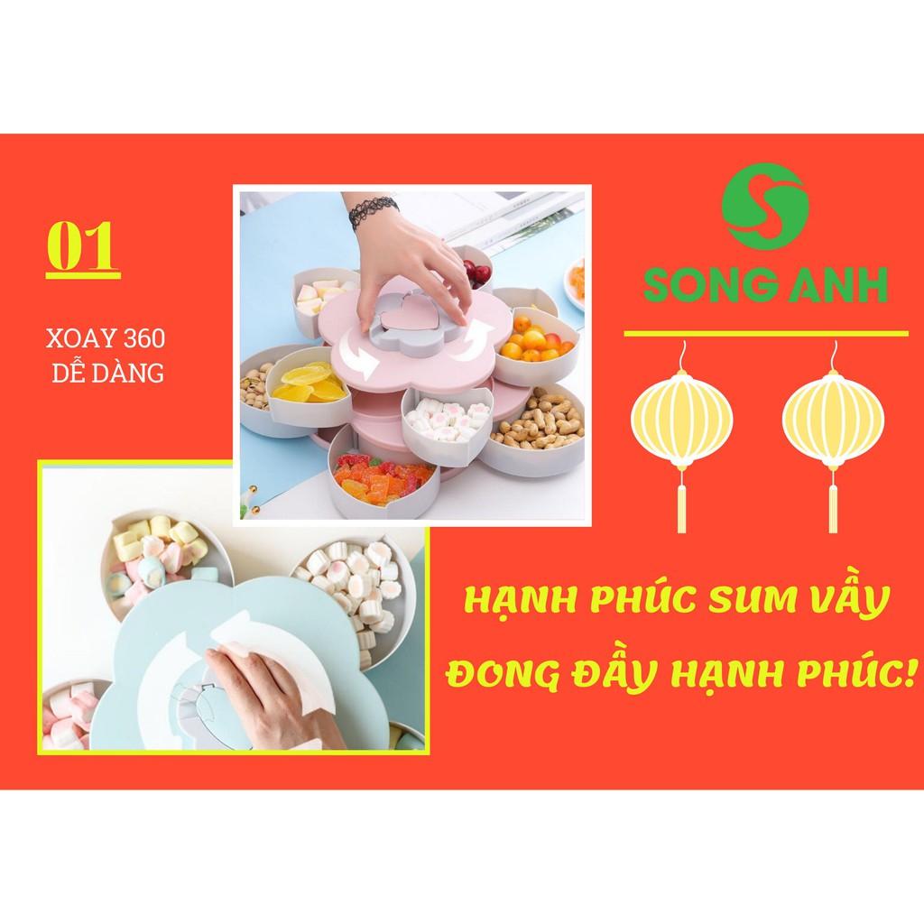 Khay Mứt 2 Tầng, Hộp Đựng Mứt 10 Cánh Song Anh Xoay 360 Độ Màu Hồng Full Hộp