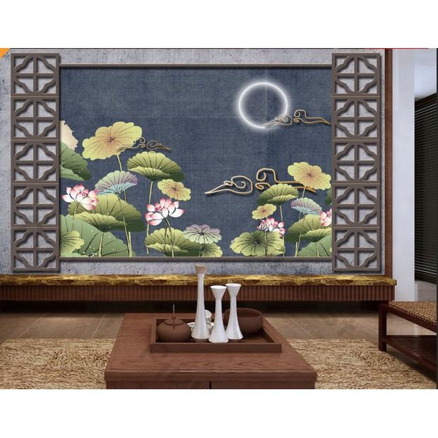 Tranh dán tường Tranh cửa sổ hoa sen sang trọng, Tranh 3d dán tường hiện đại MS1287442