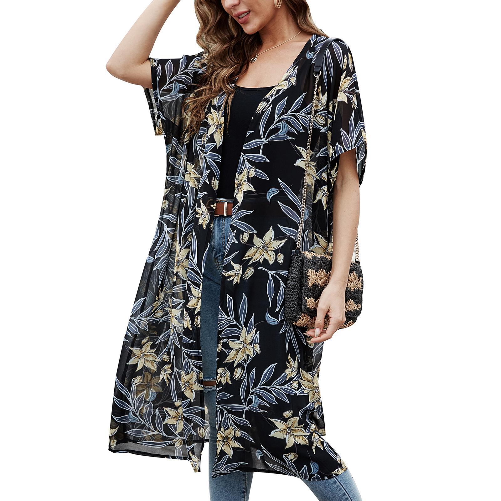 Women's Floral Kimono Cardigans Chiffon Casual Beach Swim Wear Loose Open Front Cover Up Tops Bohemian Sun Protection Cardigan Clothes