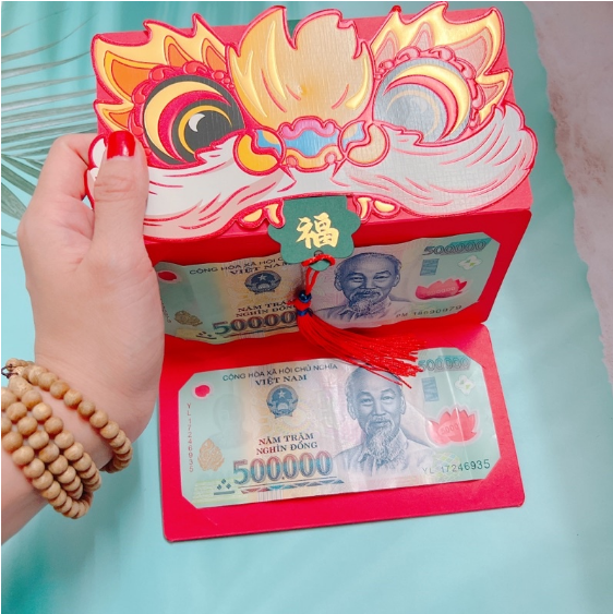 Bao Lì Xì Tết Hình Đầu Mèo Sư Tử Gấp Gọn, 2 Ngăn-6 Ngăn Sang Trọng Sáng Tạo GD617-LixiDay-2ngan