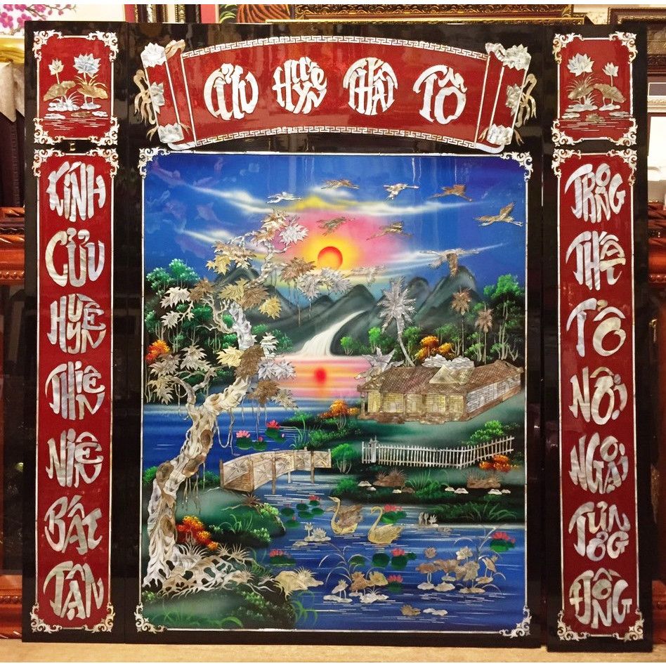 Tranh sơn mài , bộ thờ cúng Cửu Huyền Thất Tổ - ( 120x120cm) tông xanh