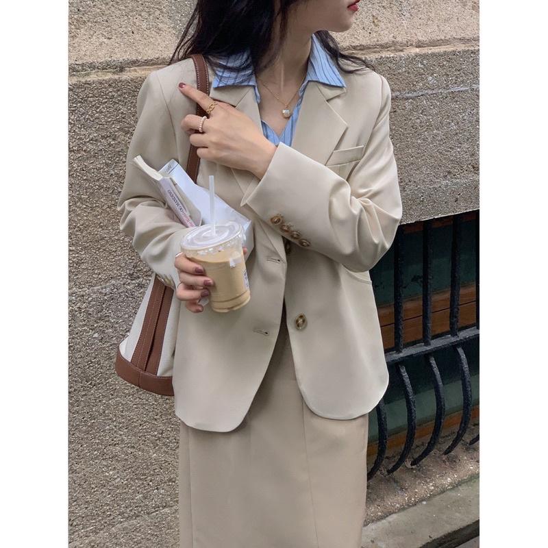Áo khoác Blazer hai lơps Hàn Quốc màu tây