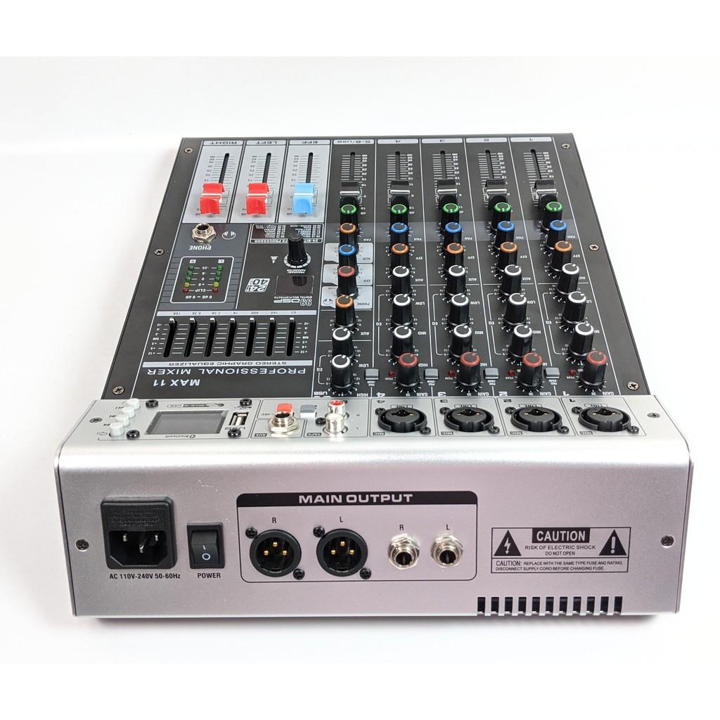 Bàn trộn âm thanh- Mixer Max 11 - 6 kênh (4 mono, 2stereo) kết nối Bluetooth,USB - 99 hiệu ứng vang - Tích hợp nguồn 48v