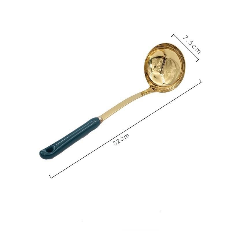 SET NẤU, CHIÊN ,XÀO, VỚT, NHÚNG BẰNG INOX MẠ VÀNG CÁN SỨ XANH CỔ VỊT - ANTH346