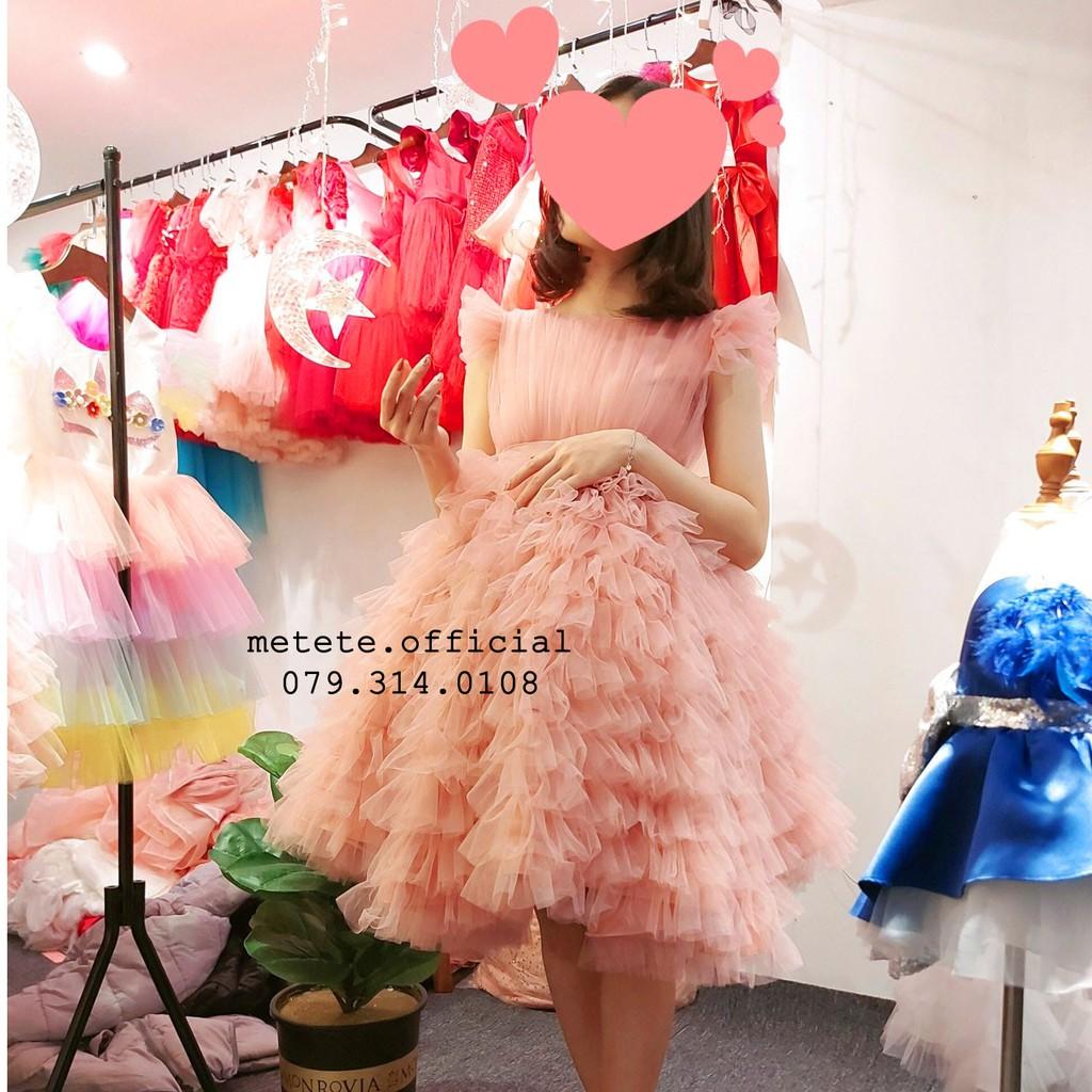 Váy đầm công chúa thiết kế cho bé gái xếp tầng hồng siêu bồng bềnh tay cộc - Mẹ Tê Tê