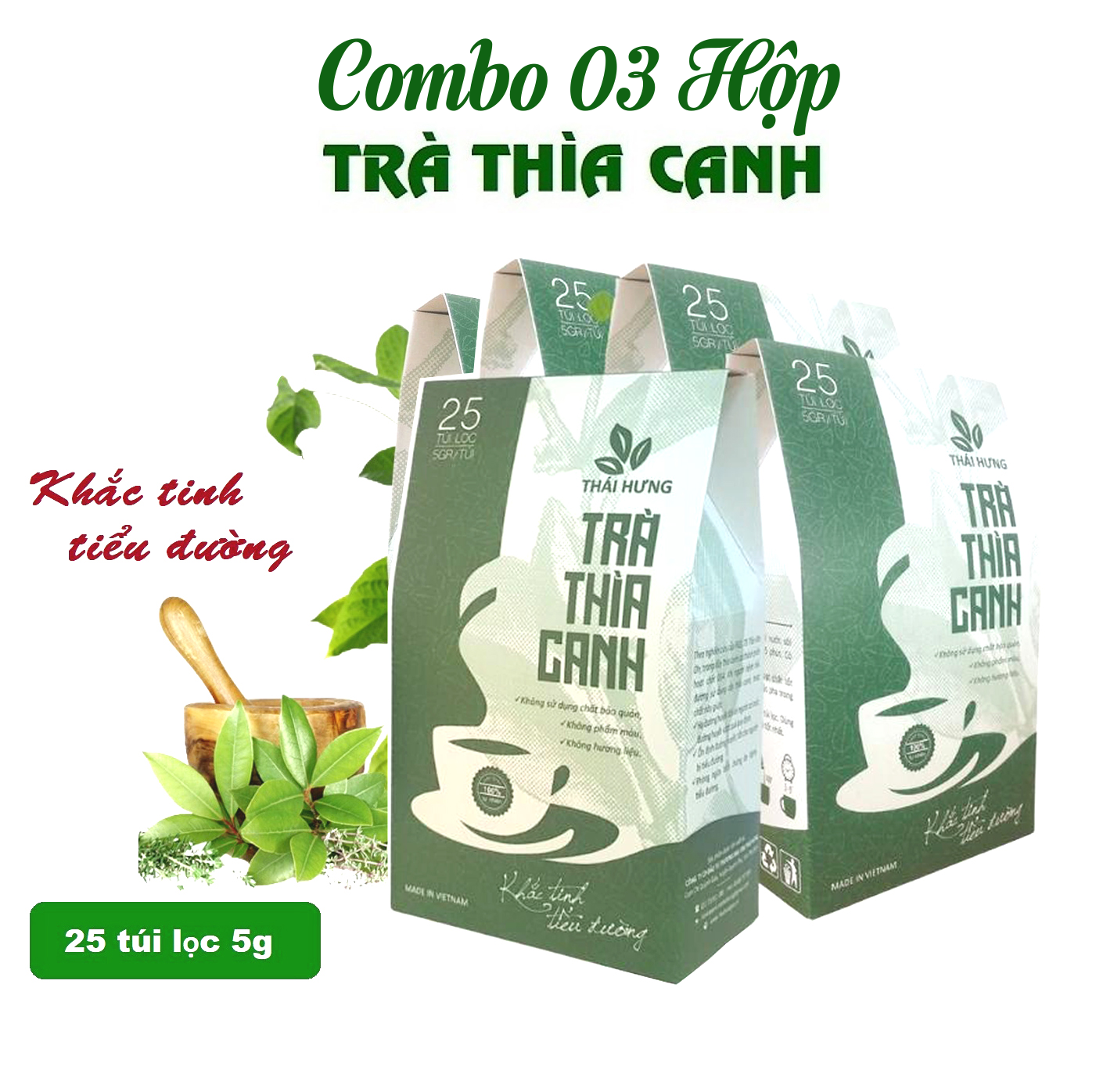 Combo 03 hộp Trà Thìa canh Thái Hưng 25 túi lọc x 5g Khắc tinh của bệnh tiểu đường