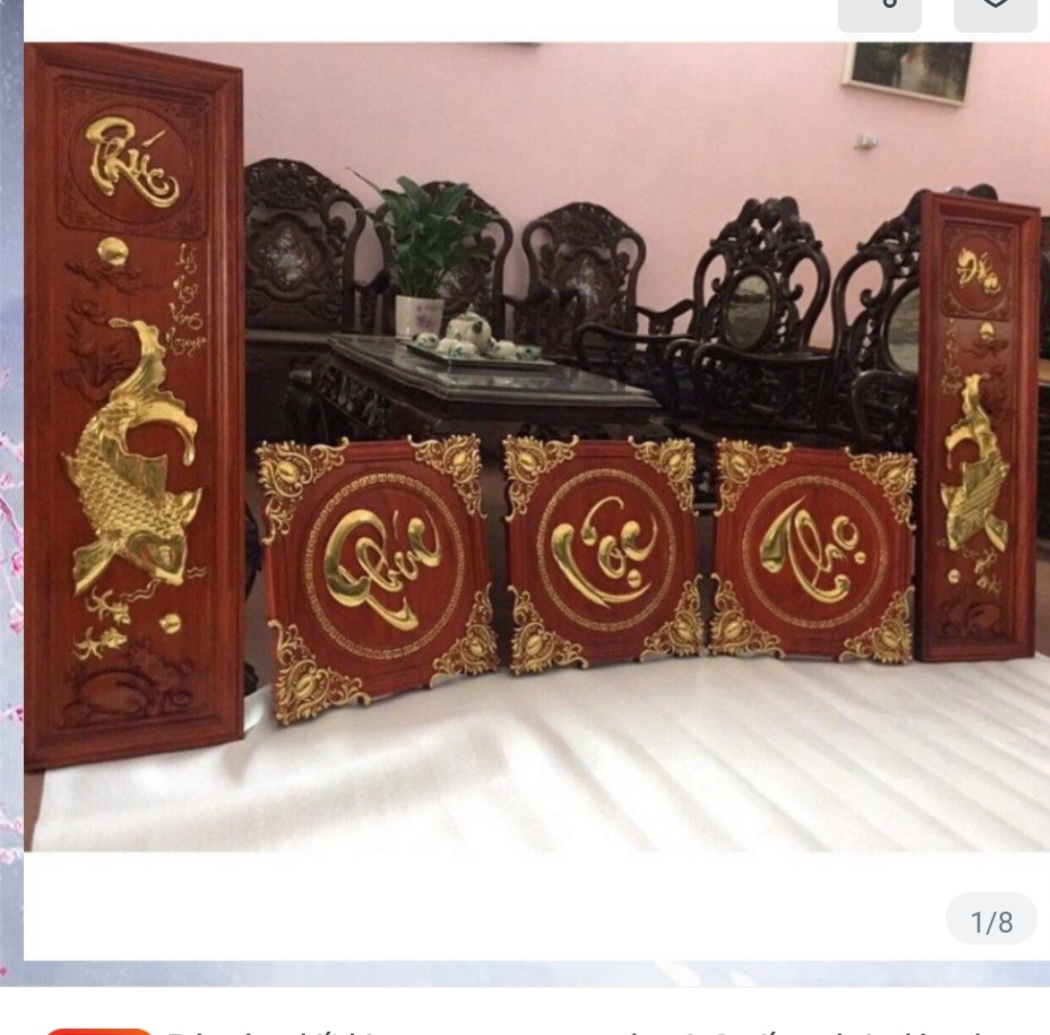 Combo cặp tranh câu đối lý ngư vọng nguyệt kt 37×107×3,5cm +bộ chữ phúc lộc thọ bằng gỗ hương đỏ và dát vàng cao cấp kt mặt vuông 45×45×3cm