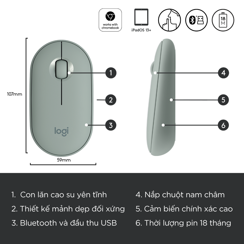 Chuột không dây Logitech Pebble M350 - Kết nối Bluetooth/ USB 2.4GHz, thiết kế mỏng, giảm ồn, phù hợp Mac / PC / Laptop - Màu Xanh rêu - Hàng chính hãng