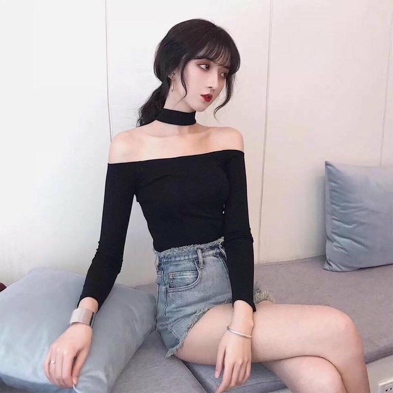F612 Áo ôm trễ vai , cổ chocker rời