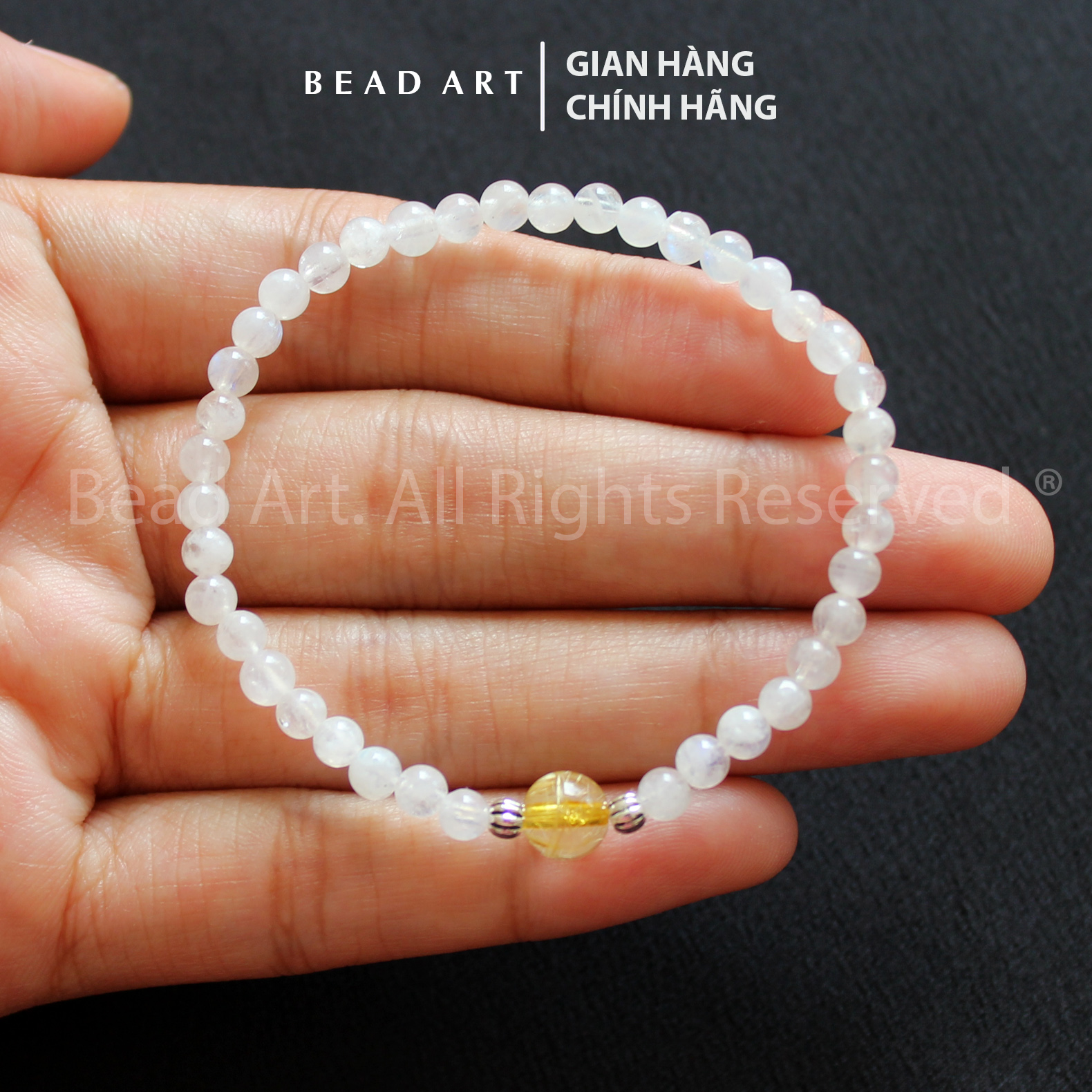 Vòng Tay 4MM Đá Moonstone Và Thạch Anh Tóc Màu Vàng, Mặt Trăng, Vòng Tay Phong Thuỷ, Chuỗi Hạt, Kim, Thuỷ - Bead Art
