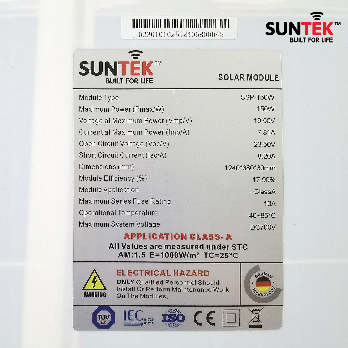 Tấm Pin Mono Năng Lượng Mặt Trời SUNTEK SSP-150W/19V 12BB - Hàng Chính Hãng - Bảo hành 12 năm