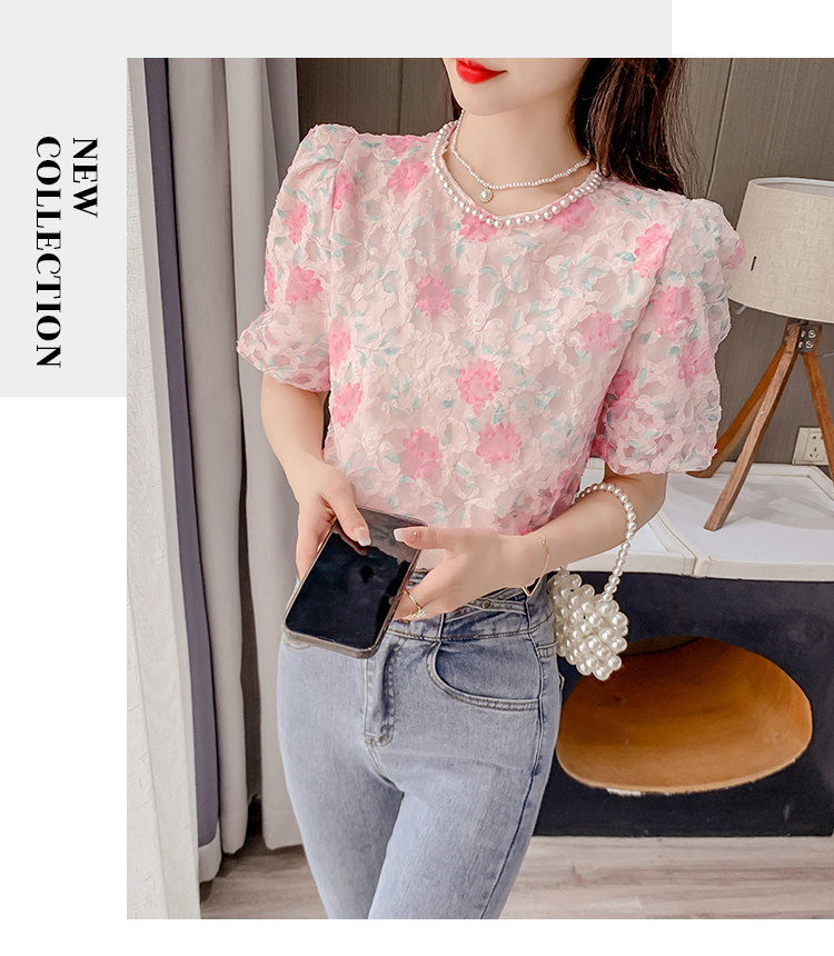 HÀNG QUẢNG CHÂU - ÁO KIỂU NỮ CỔ TRÒN KẾT HẠT HỌA TIẾT HOA LÁ NỔI SIÊU XINH - A58276